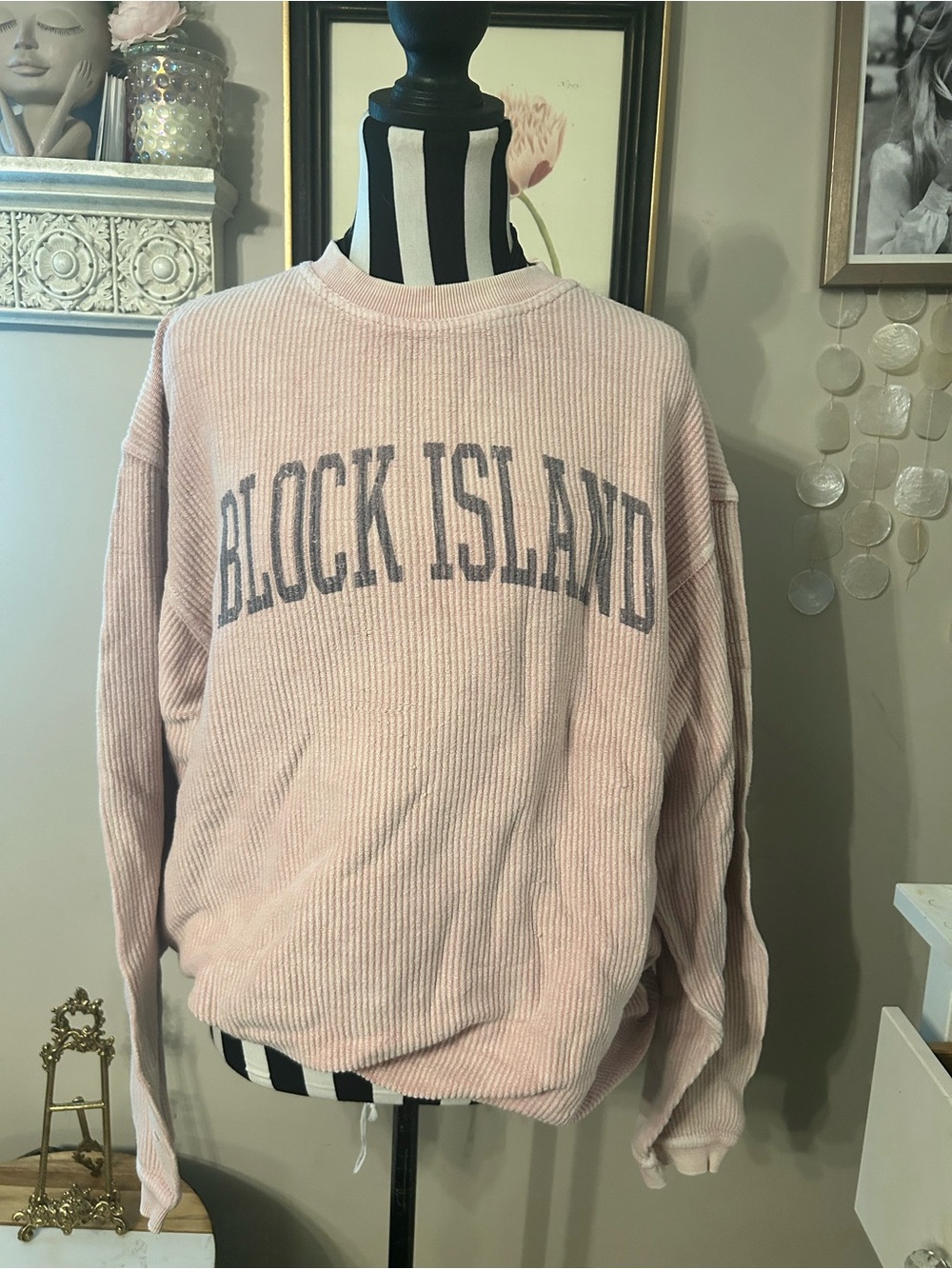 Coastal Block Island Pink corded Crew Pullover Sweater